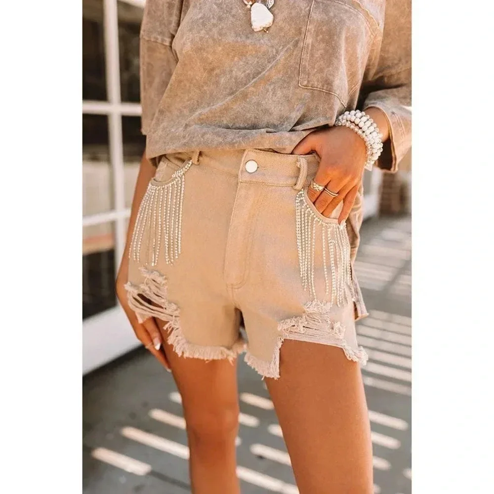 NWT Blue B Collection Women's Taupe Beige Fringe Denim Shorts Size M